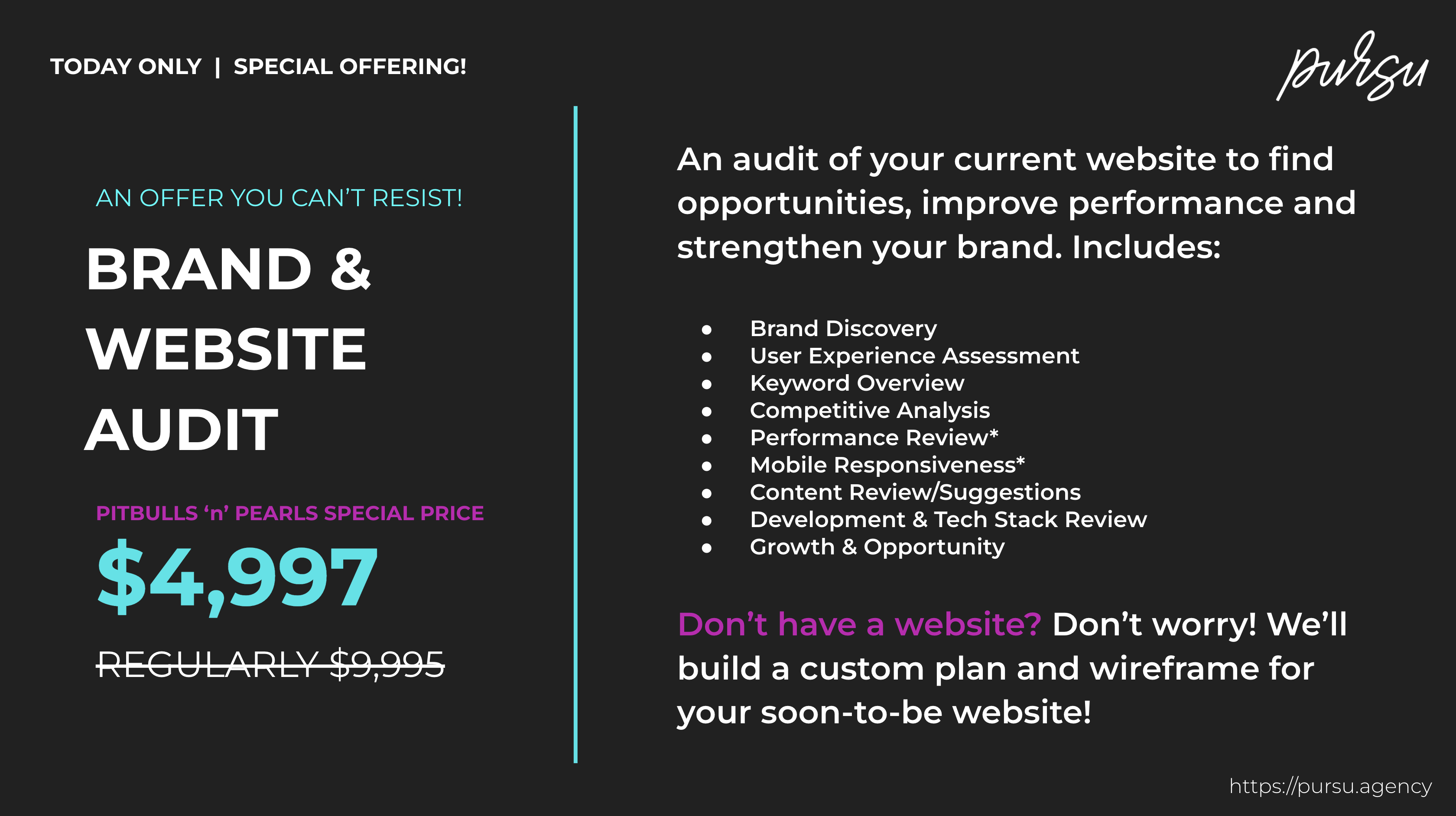 Not sure if your website is performing the way it should, attracting the right clients or sending the right message? Get a comprehensive brand and website audit to find growth opportunities, improve performance and strengthen your brand.