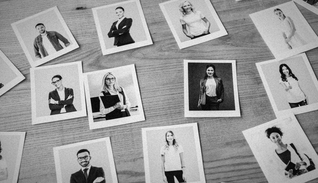 Polaroids of diverse individuals with unique personalities representing personal brands, contrasted with a cohesive business brand.
