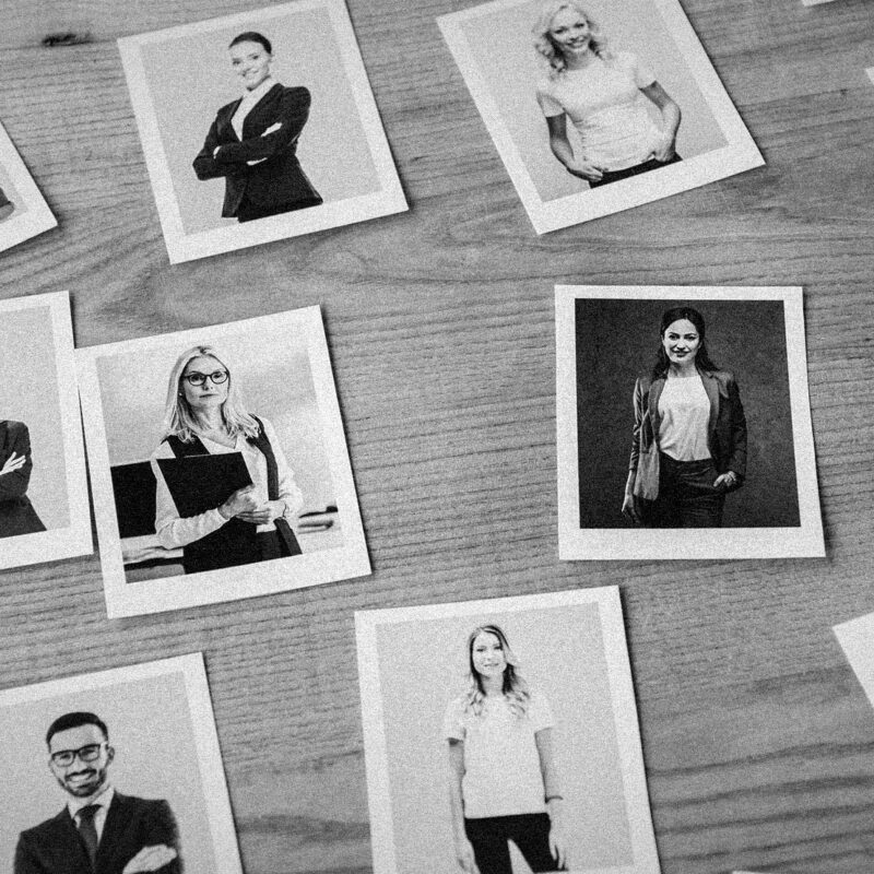 Polaroids of diverse individuals with unique personalities representing personal brands, contrasted with a cohesive business brand.